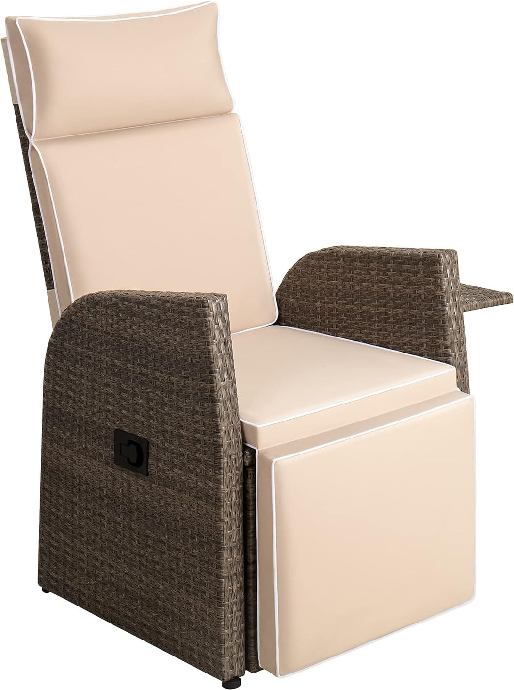 Patio Outdoor Recliner Chair PE Wicker Reclining Lounge Chair Lawn Furniture with Flip-up Table, Beige