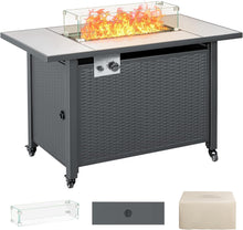 Load image into Gallery viewer, NEW 43 inch Outdoor Fire Pit Table, 50000 BTU Propane Gas Metal Fire Pit Table with Ceramic Tile Desktop, Windproof Glass Cover, Dustproof Cover, Replaceable Casters/Pads, Lid for Garden Patio
