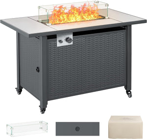 NEW 43 inch Outdoor Fire Pit Table, 50000 BTU Propane Gas Metal Fire Pit Table with Ceramic Tile Desktop, Windproof Glass Cover, Dustproof Cover, Replaceable Casters/Pads, Lid for Garden Patio
