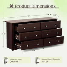 Load image into Gallery viewer, Dresser for Bedroom, 6 Wood Dresser Drawers, Wide Chest of Drawers, Storage Tower Unit, Modern Design for Bedroom, Living Room, Hallway, Entryway (Dark Brown)
