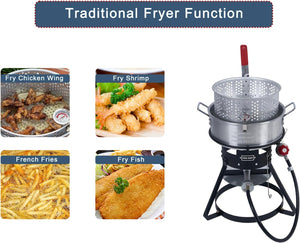 Fire Riot 10 Qt Fish Fryer Kit with Heavy Gauge Aluminum Pots & Basket, Outdor Propane Canjun Deep Fryer with Adjustable 0-10 PSI Regulator, Steel Frame Cooking Base