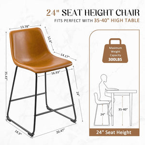Bar Stools 24 Inches Counter Height Stools Set of 2, Dining Chairs, PU Leather Bar Chairs with Back, Modern Industrial Armless Stools for Kitchen Island, Bar, Pub (Brown)