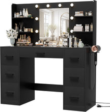 Cargar imagen en el visor de la galería, Vanity Desk with Mirror, LED Lights and Power Outlet Makeup Vanity Table with 7 Drawers and 6 Storage Shelves Dressing Table for Bedroom Dressing Room (Black)
