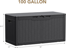 Cargar imagen en el visor de la galería, New 100 Gallon Waterproof Large Resin Deck Box Indoor Outdoor Lockable Storage Container for Patio Furniture Cushions Garden Tools (100 Gallon, Black)
