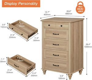 WAMPAT Oak Dresser for Bedroom with 5 Drawers, Tall Kids Dressers with Wide Chest of Drawers, Mid Century Modern Wooden Closet Storage Organizer, Small Dressers for Nursery, Living Room, Hallway