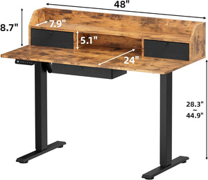 Height Adjustable Electric Standing Desk with Triple Drawers 48 x 24 Inches Stand Up Desk with Large Storage Shelf Memory Preset Sit Stand Desk, Rustic Brown