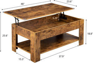 NEW Coffee Table, Lift Top Table with Storage Shelf and Hidden Compartment, Modern Style Table with Wooden Lift Tabletop for Living Room and Office (48 inch, Rustic Brown)