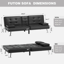Load image into Gallery viewer, Faux Leather Upholstered Modern Convertible Folding Futon Sofa Bed with Removable Armrests, Adjustable Recliner Couch Bed Loveseat with 2 Cup Holders for Living Room (Leather, Black)
