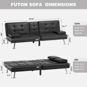 Faux Leather Upholstered Modern Convertible Folding Futon Sofa Bed with Removable Armrests, Adjustable Recliner Couch Bed Loveseat with 2 Cup Holders for Living Room (Leather, Black)