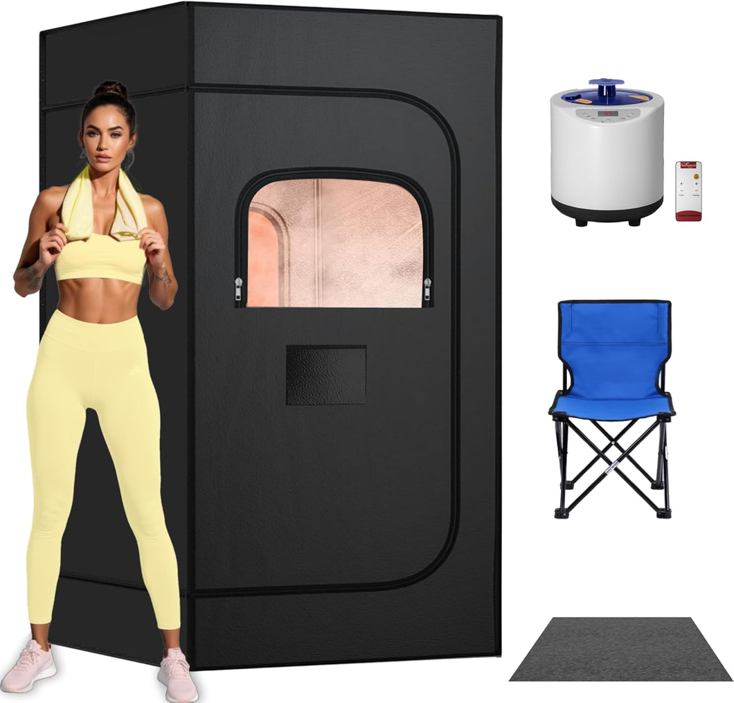 Portable Steam Sauna for Home - 1200W 3L Fast Heating Sauna Box with Remote Control, 15-Level Foldable Design, Includes Folding Chair (Black)