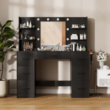 Cargar imagen en el visor de la galería, Vanity Desk with Mirror, LED Lights and Power Outlet Makeup Vanity Table with 7 Drawers and 6 Storage Shelves Dressing Table for Bedroom Dressing Room (Black)
