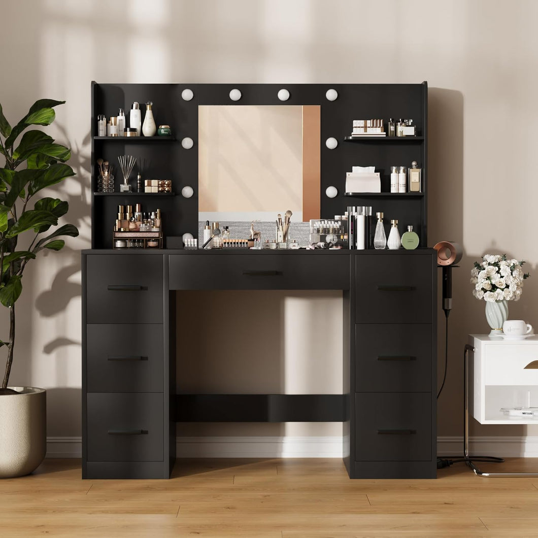 Vanity Desk with Mirror, LED Lights and Power Outlet Makeup Vanity Table with 7 Drawers and 6 Storage Shelves Dressing Table for Bedroom Dressing Room (Black)