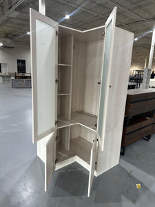 L-Shape Wardrobe Armoire Closet with Hanging Rod & Shelf, Bedroom Armoire with Frosted Glass Doors, Clothes Wardrobe with Gold Knob, Wood Grain