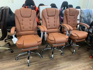 New High Back Ergonomic Executive Office Chair, With Vibration, PU Leather Computer Chair with Retractable Footrest, Lumbar Support, Padded Headrest and Armrest, Brown