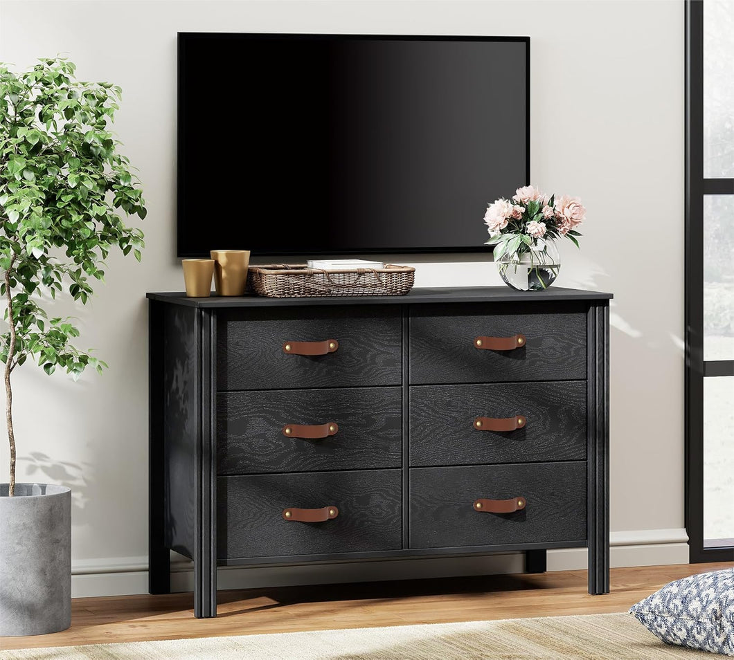 WAMPAT Black Dresser TV Stand, Wood Entertainment Center with 6 Fabric Drawers, TV Console Table for TVs up to 45 Inch, Chest of Drawers for Living Room, Bedroom, Hallway