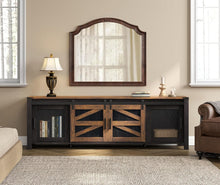 Load image into Gallery viewer, WAMPAT Farmhouse TV Stand for ups to 75 inch TV,Sliding Barn Door Entertainment Center Media TV Console Table with Storage Shelf for Living Room Bedroom，Dark Walnut and Black
