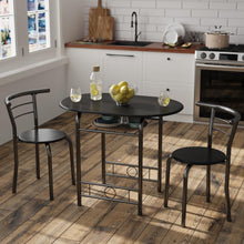 Load image into Gallery viewer, New 3-Piece Wooden Round Table &amp; Chair Set, Space Saving Kitchen Breakfast Nook Wood Grain Tabletop with Metal Frame and Built-in Wine Rack for Kitchen, Dining Room (Black)
