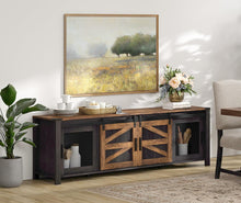 Load image into Gallery viewer, WAMPAT Farmhouse TV Stand for ups to 75 inch TV,Sliding Barn Door Entertainment Center Media TV Console Table with Storage Shelf for Living Room Bedroom，Dark Walnut and Black

