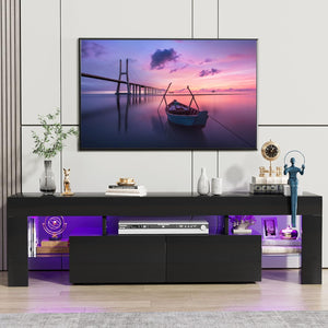 NEW TV Stand with LED Lights, Modern Entertainment Center Media and Open Shelf Console Table Storage Desk with 1 Drawer and Remote Control 20 Color LED Lights up to 70 Inch TV (Black)