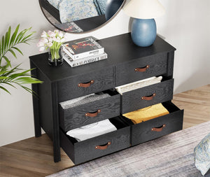 WAMPAT Black Dresser TV Stand, Wood Entertainment Center with 6 Fabric Drawers, TV Console Table for TVs up to 45 Inch, Chest of Drawers for Living Room, Bedroom, Hallway