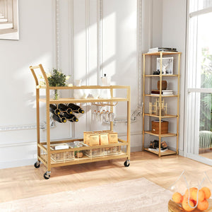 Bar Cart Gold Home Industrial Mobile Bar Cart Serving Wine Cart on Wheels with Wine Rack and Glass Holder 2 Storage Shelves, Beverage Cocktail Cart for The Home Kitchen Dining Party