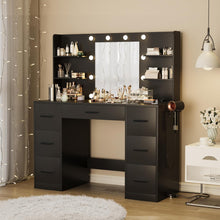 Cargar imagen en el visor de la galería, Vanity Desk with Mirror, LED Lights and Power Outlet Makeup Vanity Table with 7 Drawers and 6 Storage Shelves Dressing Table for Bedroom Dressing Room (Black)
