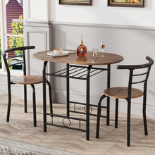 Load image into Gallery viewer, New 3-Piece Wooden Round Table &amp; Chair Set, Space Saving Kitchen Breakfast Nook Wood Grain Tabletop with Metal Frame and Built-in Wine Rack for Kitchen, Dining Room (Brown/Black)
