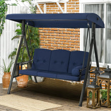 Cargar imagen en el visor de la galería, Outdoor Porch Swing, 3-Seat Porch Swing with Adjustable Canopy, Outdoor Swings for Adult with Dark Blue Removable Cushions for Backyard, Garden, Yard, Poolside, Balcony
