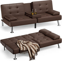 Cargar imagen en el visor de la galería, Faux Leather Futon Sofa Bed Futon Couch with Removable Armrests Adjustable Sleeper Sofa Bed with 2 Cup Holders for Living Room (PU Leather, Brown)
