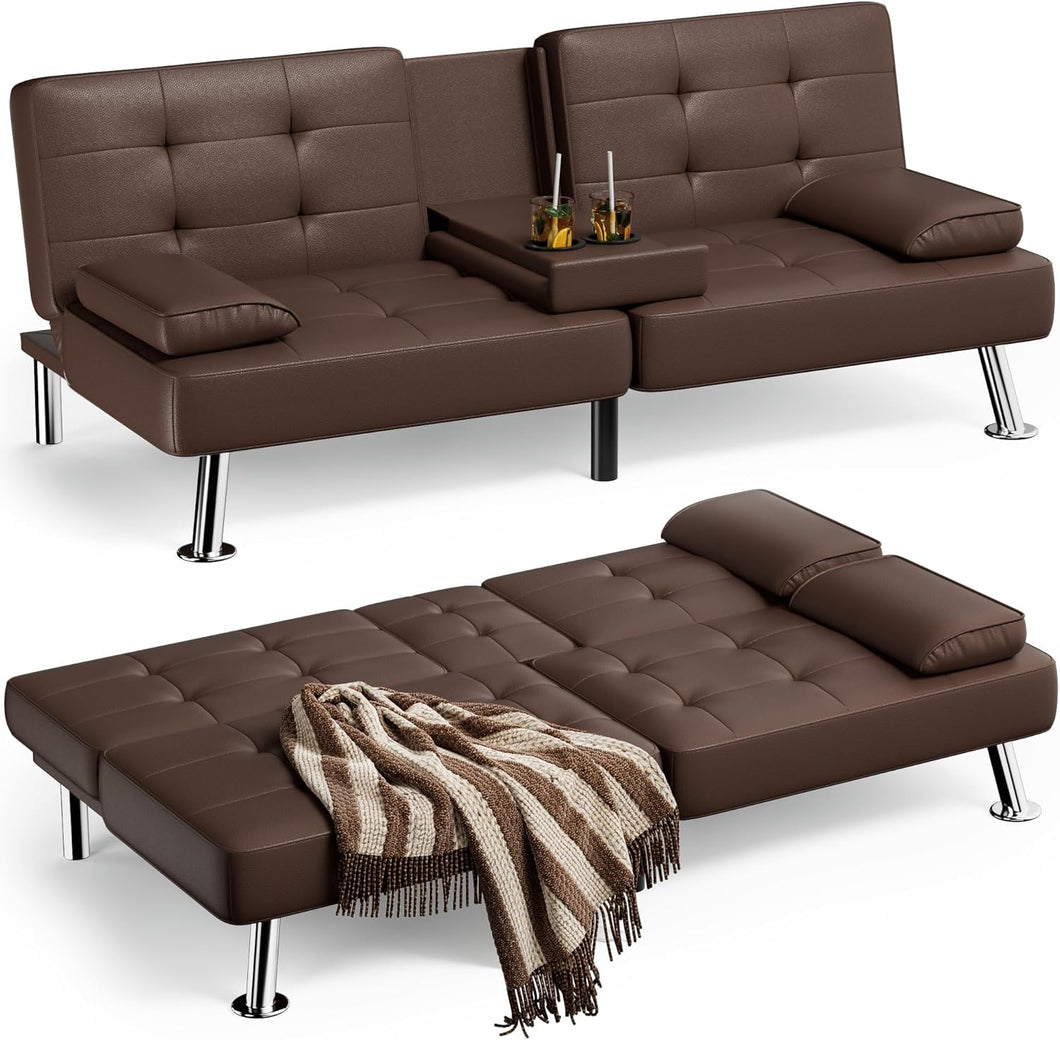 Faux Leather Futon Sofa Bed Futon Couch with Removable Armrests Adjustable Sleeper Sofa Bed with 2 Cup Holders for Living Room (PU Leather, Brown)
