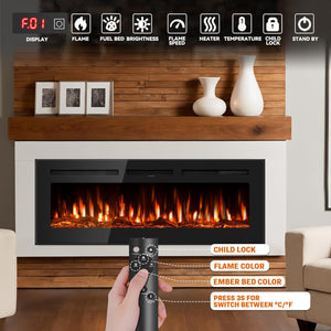 New 50" Ultra-Thin Electric Fireplace Recessed and Wall Mounted with Remote Control, 12 Adjustable Color Fireplace Heater(60-99°F Thermostat), Low Noise, Timer, Child Lock