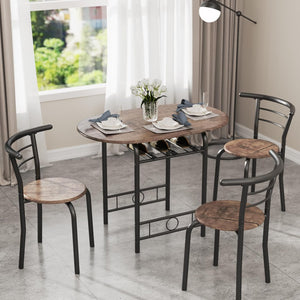 New 3-Piece Wooden Round Table & Chair Set, Space Saving Kitchen Breakfast Nook Wood Grain Tabletop with Metal Frame and Built-in Wine Rack for Kitchen, Dining Room (Brown/Black)