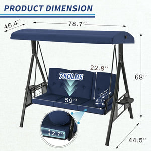 Outdoor Porch Swing, 3-Seat Porch Swing with Adjustable Canopy, Outdoor Swings for Adult with Dark Blue Removable Cushions for Backyard, Garden, Yard, Poolside, Balcony