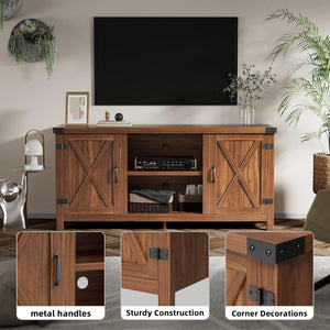 NEW TV Stand for 65 Inch TV Farmhouse Entertainment Center with Double Barn Doors and Storage Cabinets, Console TV Table Media for Living Room, Bedroom (Walnut, Without Fireplace)
