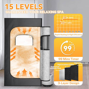 Portable Steam Sauna for Home - 1200W 3L Fast Heating Sauna Box with Remote Control, 15-Level Foldable Design, Includes Folding Chair (Black)