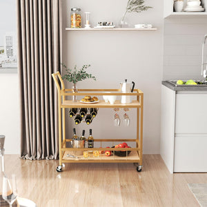 Bar Cart Gold Home Industrial Mobile Bar Cart Serving Wine Cart on Wheels with Wine Rack and Glass Holder 2 Storage Shelves, Beverage Cocktail Cart for The Home Kitchen Dining Party