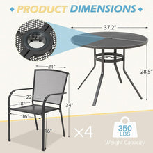 Cargar imagen en el visor de la galería, Metal Patio Table and Chairs Set for 4, Outdoor Dining Set, Modern Black Round Patio Dining Table Furniture Set with Umbrella Hole

