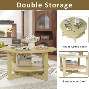 Round Coffee Table, 2-Tier Farmhouse Wooden Coffee Table with Storage Shelf, Circular Rustic Coffee Table for Living Room, Balcony and Office (Yellow)