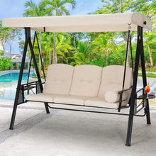 Cargar imagen en el visor de la galería, New 3-Seat Outdoor Patio Swing Chair,Canopy Swing with Retractable Side Table and Round Pillow, Adjustable Canopy Hammock &amp; Steel Frame &amp; Removable Cushion, Beige

