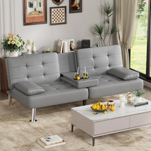Cargar imagen en el visor de la galería, Faux Leather Futon Sofa Bed Futon Couch with Removable Armrests Adjustable Sleeper Sofa Bed with 2 Cup Holders for Living Room (PU Leather, Grey)
