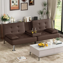 Cargar imagen en el visor de la galería, Faux Leather Futon Sofa Bed Futon Couch with Removable Armrests Adjustable Sleeper Sofa Bed with 2 Cup Holders for Living Room (PU Leather, Brown)

