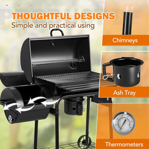 NEW Charcoal Grill Outdoor BBQ Grill with Side Oven & Thermometer Barbecue Grill Offset Smoker with Ash Catcher & Cover for Camping Picnics
