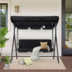 Outdoor Patio Swing Chair for Adults, 3-Seat Porch Swings with Adjustable Canopy, Outside Swing Bench with Removable Cushion, Suitable for Backyard, Garden, Yard, Poolside, Balcony (Black)