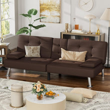 Cargar imagen en el visor de la galería, Faux Leather Futon Sofa Bed Futon Couch with Removable Armrests Adjustable Sleeper Sofa Bed with 2 Cup Holders for Living Room (PU Leather, Brown)
