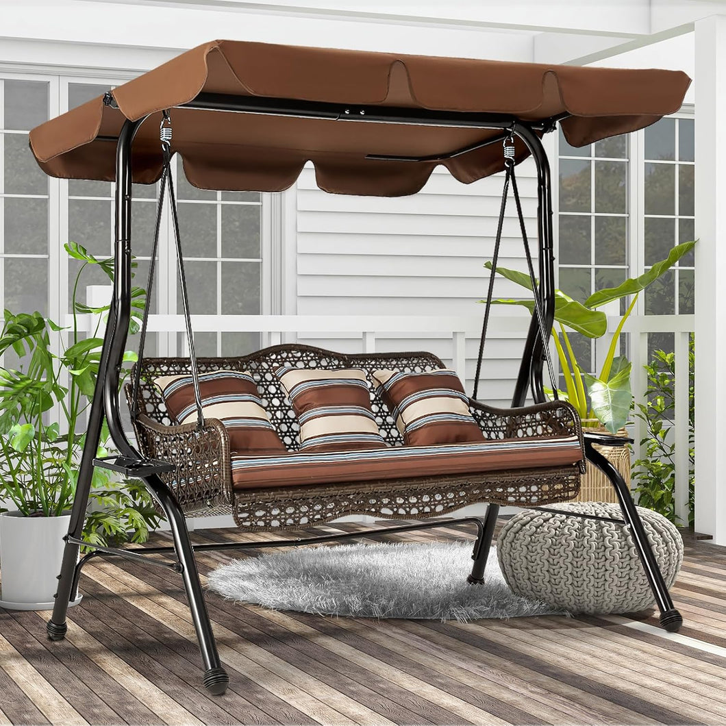 New 3-Seat Outdoor Patio Swing Chair, Large Converting Canopy Porch Swing Glider, Hammock Lounge Chair for Porch, Rattan Wicker Steel Frame Cushion & Pillow, Brown