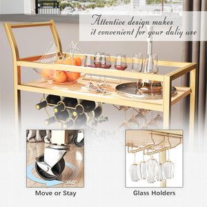 Bar Cart Gold Home Industrial Mobile Bar Cart Serving Wine Cart on Wheels with Wine Rack and Glass Holder 2 Storage Shelves, Beverage Cocktail Cart for The Home Kitchen Dining Party