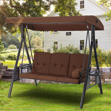 Cargar imagen en el visor de la galería, Outdoor Porch Swing, 3-Seat Porch Swing with Adjustable Canopy, Outdoor Swings for Adult with Brown Removable Cushions for Backyard, Garden, Yard, Poolside, Balcony
