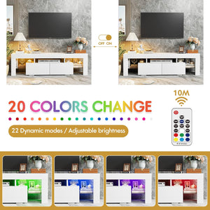 NEW TV Stand with LED Lights, Modern Entertainment Center Media and Open Shelf Console Table Storage Desk with 1 Drawer and Remote Control 20 Color LED Lights up to 70 Inch TV (White)