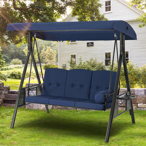 Outdoor Porch Swing, 3-Seat Porch Swing with Adjustable Canopy, Outdoor Swings for Adult with Dark Blue Removable Cushions for Backyard, Garden, Yard, Poolside, Balcony