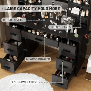Vanity Desk with Mirror, LED Lights and Power Outlet Makeup Vanity Table with 7 Drawers and 6 Storage Shelves Dressing Table for Bedroom Dressing Room (Black)